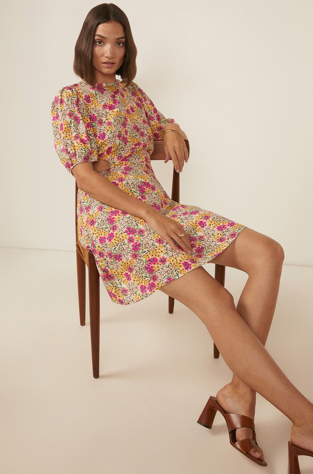 Oasis Bright Pink Floral Print Cut Out Side Skater Dress