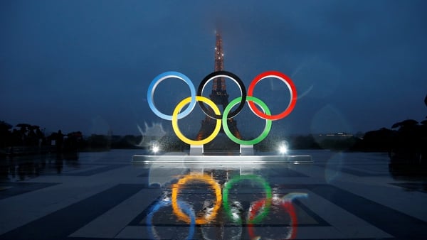 Olympic rings illuminate at place du Trocadero near the Eiffel Tower during the Paris 2024 Olympic bid victory