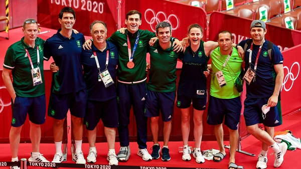 Kevin McManamon (far right) with Aidan Walsh and the rest of the boxing backroom team