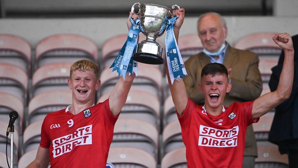 Cork joint captains Rory O'Shaughnessy, left, and Hugh O'Connor lift the cup