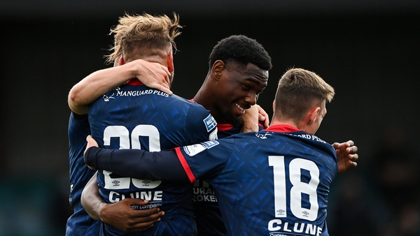 Nahum Melvin-Lambert is congratulated after scoring the first St Pat's goal in their win away to Dundalk at the weekend
