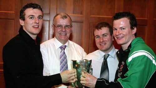 James McCartan snr pictured with sons Eoin, Daniel (players) and James jnr (manager) after Queen's Sigerson success in 2007