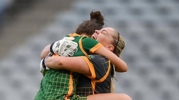 Máire O'Shaughnessy, left, and goalkeeper Monica McGuirk celebrate Sunday's win