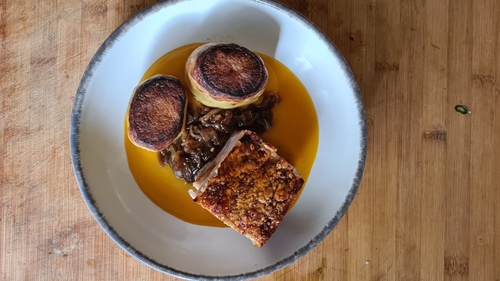 Pork belly with balsamic red onion relish, butternut squash and fondant potatoes from Marcus O'Laoire.