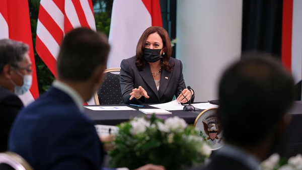 Kamala Harris takes part in a round table at Gardens by the Bay in Singapore