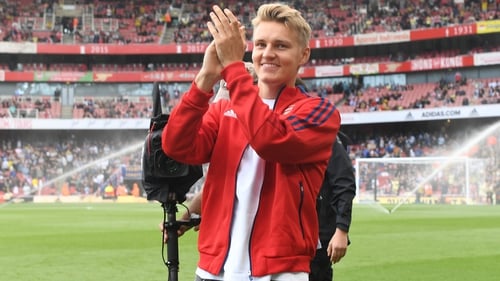 Odegaard applauds the Arsenal fans before the match against Chelsea on Sunday