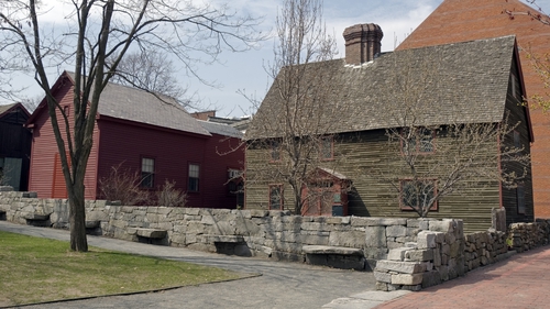 The Witch Memorial in Salem, consisting of 20 granite benches surrounded by a low stone wall, dedicated to the victims of the trials