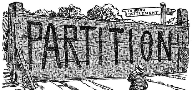 Cartoon portraying the issue of partition as being an obstacle on the path to an Irish settlement Photo: Sunday Independent, 21 August 1921