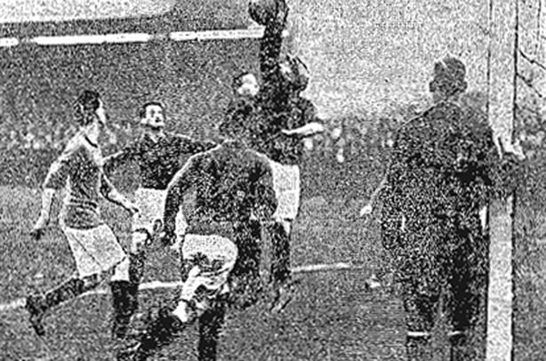 Action from a soccer match between Shelbourne and St James Gate in Dalymount Park in Dublin in February 1921 Photo: Freeman's Journal, 15 February 1921