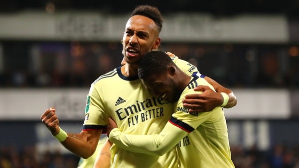 Pierre-Emerick Aubameyang celebrates Arsenal's fifth goal against West Brom
