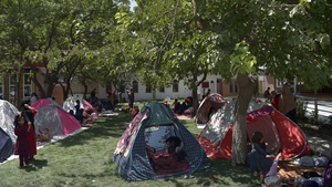 Internally displaced Afghan families in temporary tents in Kabul on 13 August
