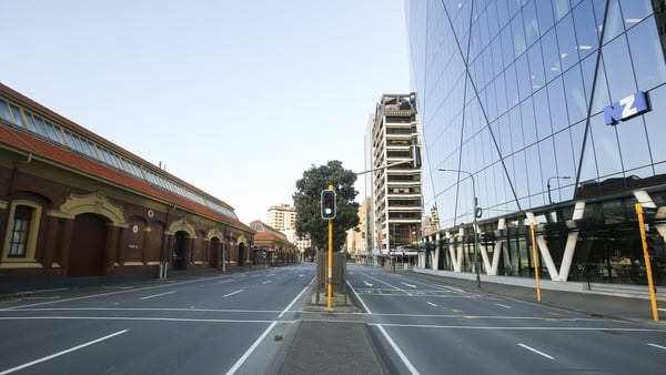 An empty Customhouse Quay during level 4 lockdown in Wellington, New Zealand