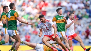 Tyrone's Conor McKenna scores his side's first goal during the All-Ireland football semi-final against Kerry.