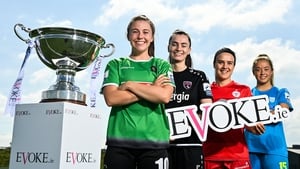 Eleanor Ryan Doyle of Peamount United, Lauren Dwyer of Wexford Youths WFC, Ciara Grant of Shelburne and Nadine Clare of DLR Waves at the launch of next week's Women's FAI Cup quarter-finals.
