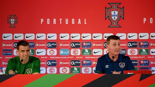 Stephen Kenny and Seamus Coleman during the press conference in Faro