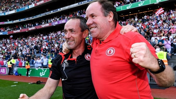 Brian Dooher (L) and Feargal Logan are aiming to become the first managers apart from Mickey Harte to guide the county to the All-Ireland title