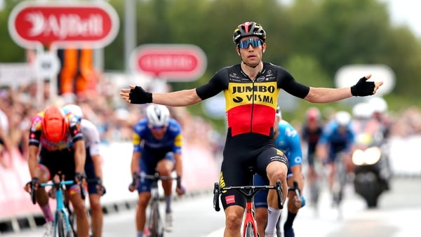 Wout Van Aert celebrates after crossing the line