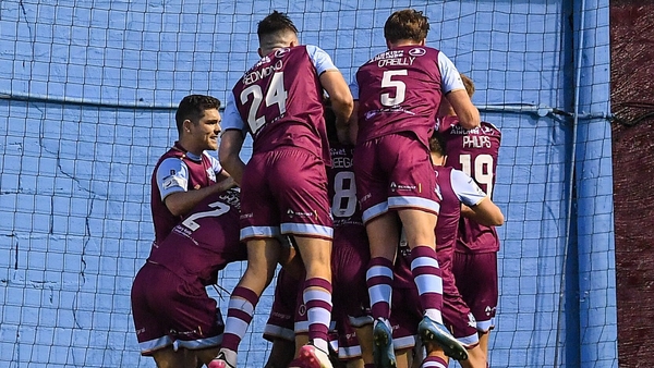Drogheda United players celebrate after Mark Doyle's penalty