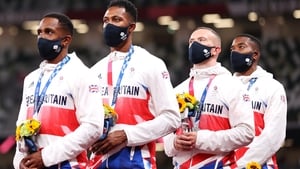 CJ Ujah (l), and his Team GB team-mates stand on the podium during the medal ceremony at the recent Tokyo Games