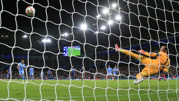 Riyad Mahrez scores Manchester City's third goal from the penalty spot