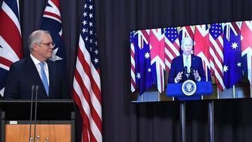 Australian Prime Minister Scott Morrison with US President Joe Biden on video link