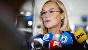 Sigrid Kaag speaking to reporters after resigning