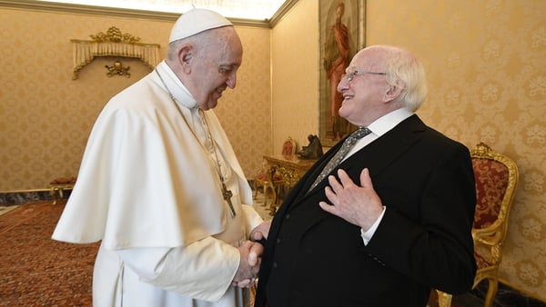 Pope Francis and President Michael D Higgins chatting in the Vatican today