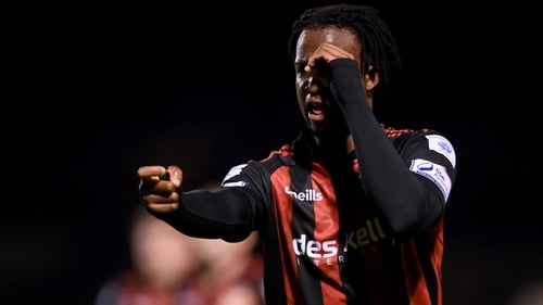Roland Idowu celebrates after scoring on his Bohemians debut