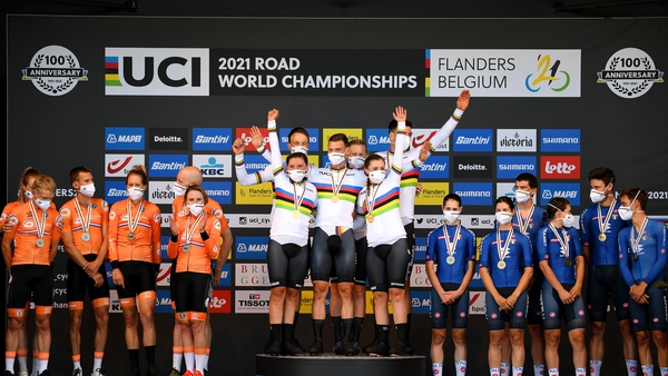 Tony Martin and Germany celebrate on the top step of the podium