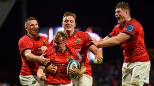 Munster scrum-half Craig Casey celebrates his try against the Sharks