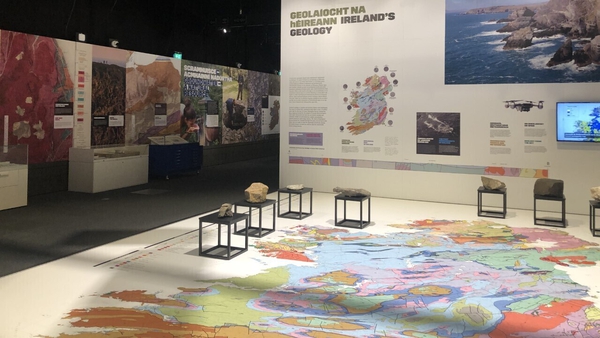 The exhibition centres on a large floor map showing the variety of rocks and other minerals that determine our landscape