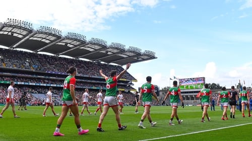 Mayo and Tyrone walking out at Croke Park for this year's All-Ireland SFC final
