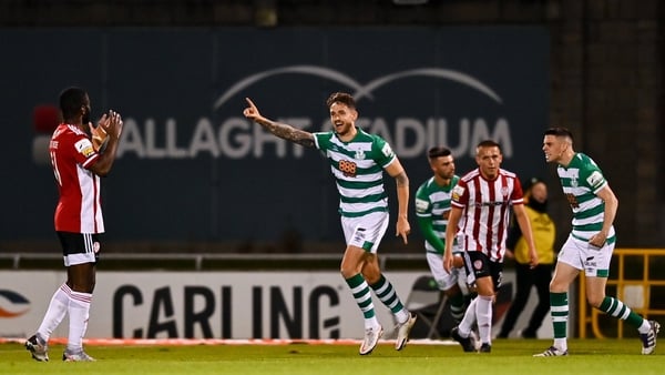 Lee Grace celebrates scoring Shamrock Rovers' first in their 2-1 win over Derry City