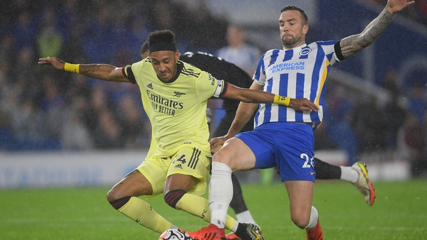 Shane Duffy challenging Pierre Emerick Aubameyang in Brighton's goalless draw with Arsenal