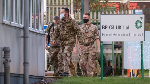 British army personnel at the BP fuel terminal in Hemel Hempstead this morning