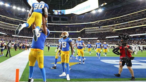 Austin Ekeler #30 of the Los Angeles Chargers celebrates his touchdown