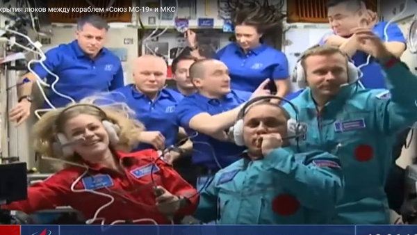 Russian actress Yulia Peresild, Roscosmos cosmonaut Anton Shkaplerov and film director Klim Shipenko aboad the International Space Station (EPA-EFE/ROSCOSMOS HANDOUT)