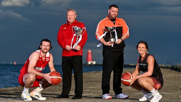 (L to R): Stephen James of Griffith College Templeogue and Griffith College Templeogue head coach Mark Keenan, with Killester head coach Karl Kilbride and Mimi Clarke of Killester