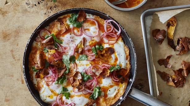 Sweet potato shakshuka with sriracha butter and pickled onions