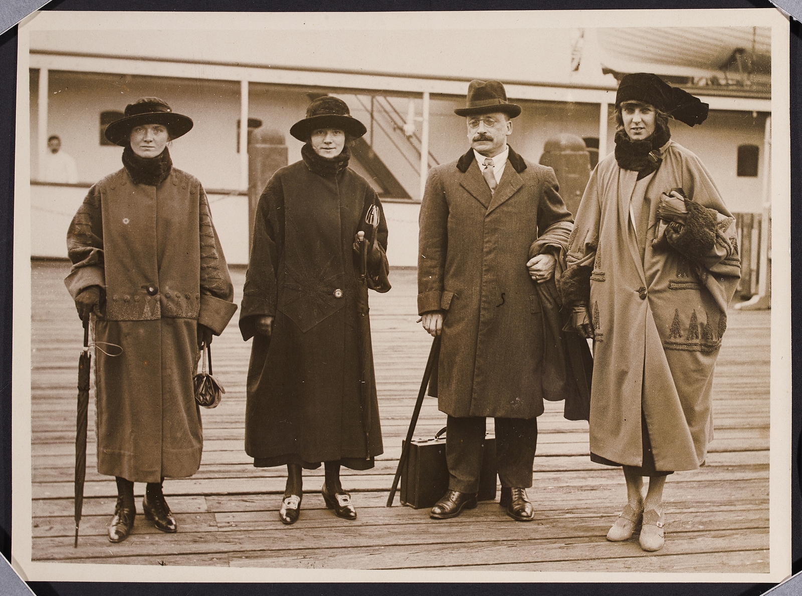 Image - Arthur Griffith en route to London, with three members of the Secretariat: Ellie Lyons, Alice Lyons and Kathleen McKenna. The negotiators could not have functioned without the secretariat (Credit: National Library of Ireland)