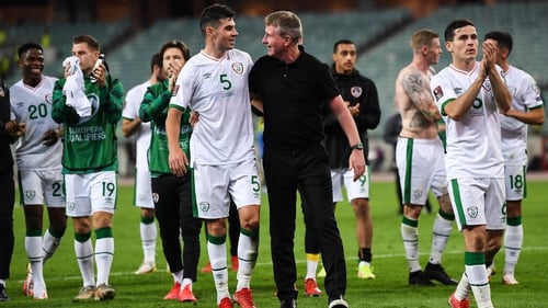 Stephen Kenny with John Egan at the end of the game in Baku