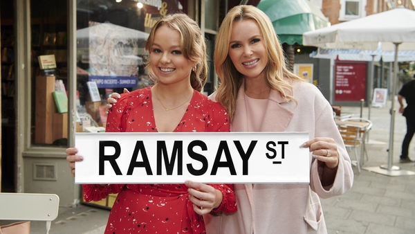 Jemma Donovan and Amanda Holden pose on the set of Neighbours
