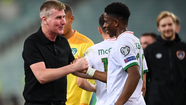 Stephen Kenny with Chiedozie Ogbene after the win in Baku