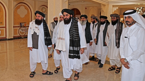 Members of the Taliban delegation at a meeting in Qatar