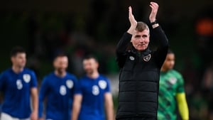 Stephen Kenny applauds the fans at the end of the game in Dublin