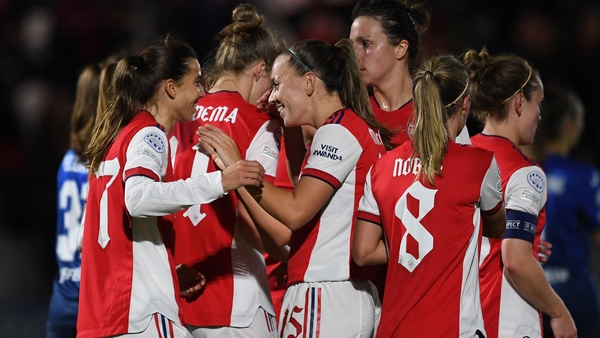 Tobin Heath celebrates scoring Arsenal's 3rd goal with Katie McCabe