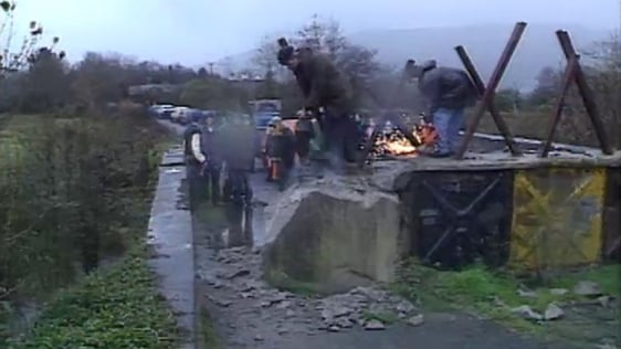 Locals dismantle the blockade between Rossinver in Couny Leitrim and Garrison in County Fermanagh, 1991.