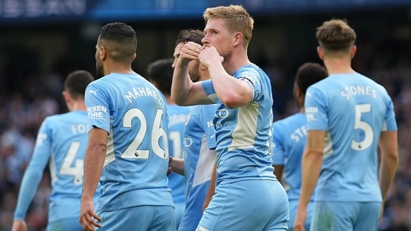 Kevin de Bruyne acknowledges the City faithful after scoring the second goal at the Etihad