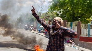 People protest in Port-au-Prince in April near the church where Fr Michel Briand, one of the religious kidnapped, worked for decades