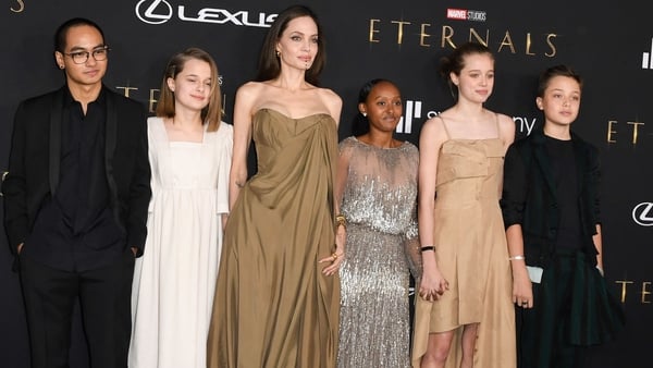 (L-R) Maddox Jolie-Pitt, Vivienne Jolie-Pitt, Angelina Jolie, Zahara Jolie-Pitt, Shiloh Jolie-Pitt, and Knox Jolie-Pitt at the Eternals premiere